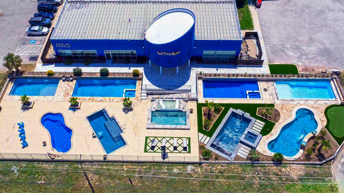 AquaPools Display Pool Park design install contractor swimming pool New Braunfels, Tx. 78132. Austin fiberglass pools Texas special prices at cost.