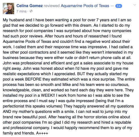 Aquamarine Pools Georgetown Texas customer testimonial