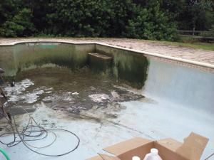 Halfway home: The difference between an algae-stained surface and the acid washed plaster can be stark as seen in this progession image from Mark Goodwin. The process is pushing the acid and water solution toward the deeper end of the pool, where some water is resting.