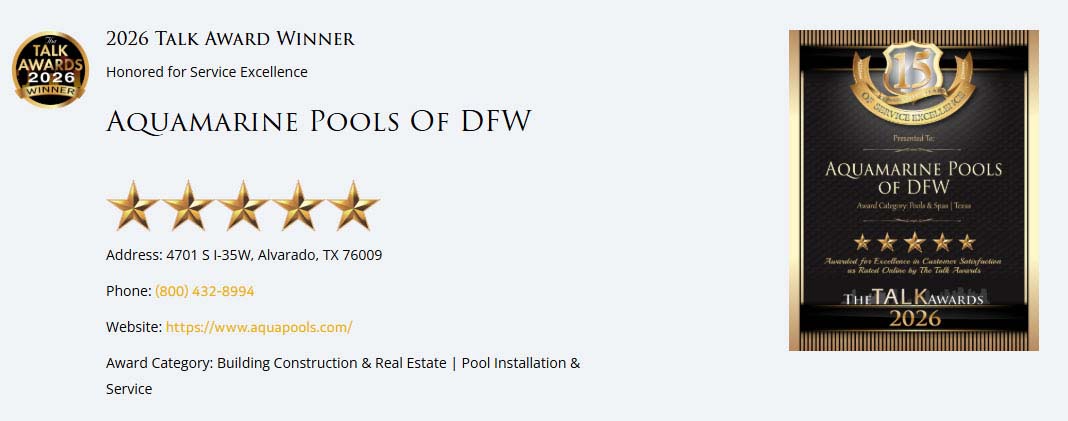 Talk Awards AquaPools DFW best custom inground pool builder Austin 78731 luxury swimming pools 78211 with reasonable prices.